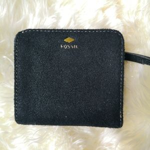 FOSSIL mini glitter wallet - blue / suede leather